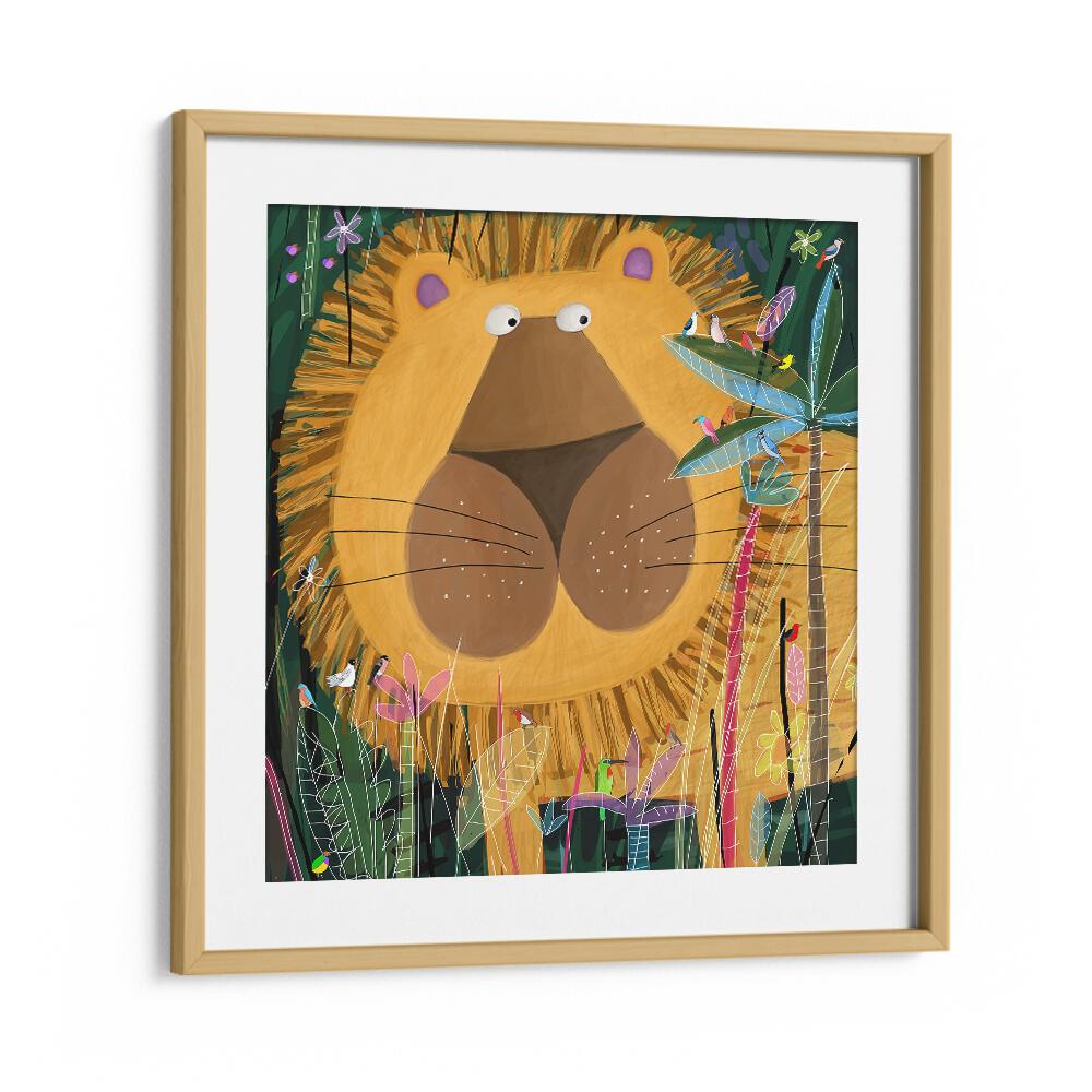 Large Lion Peeks Out Of The Jungle Foliage By Carla Daly Kids Room Art in Oak Wood Frame With Mount