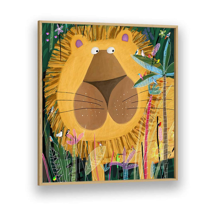 Large Lion Peeks Out Of The Jungle Foliage By Carla Daly Kids Room Art in Oak Wood Plain Frame