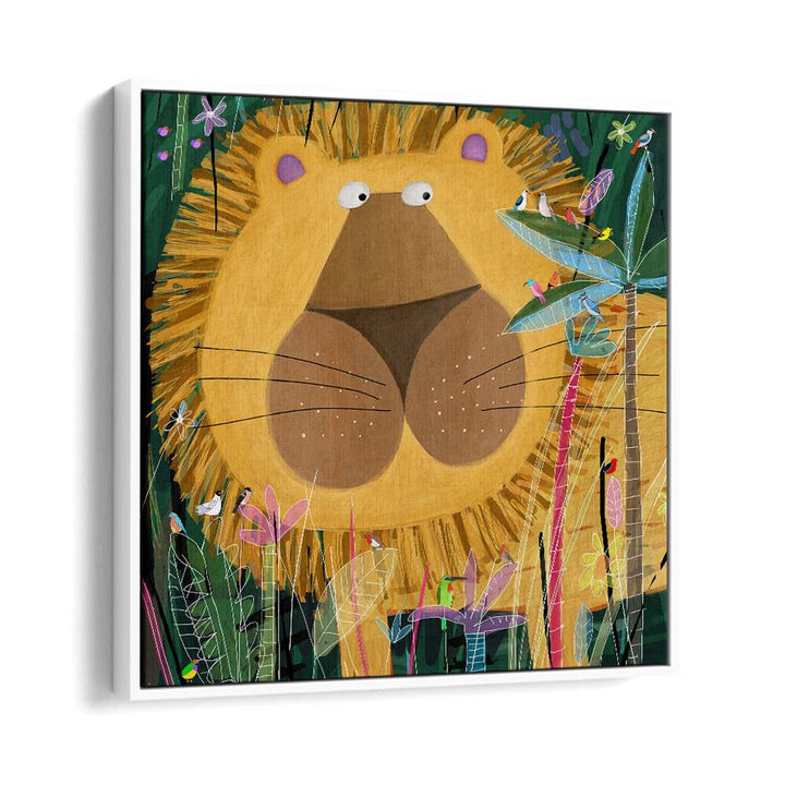 Large Lion Peeks Out Of The Jungle Foliage By Carla Daly Kids Room Art in White Floater Frame