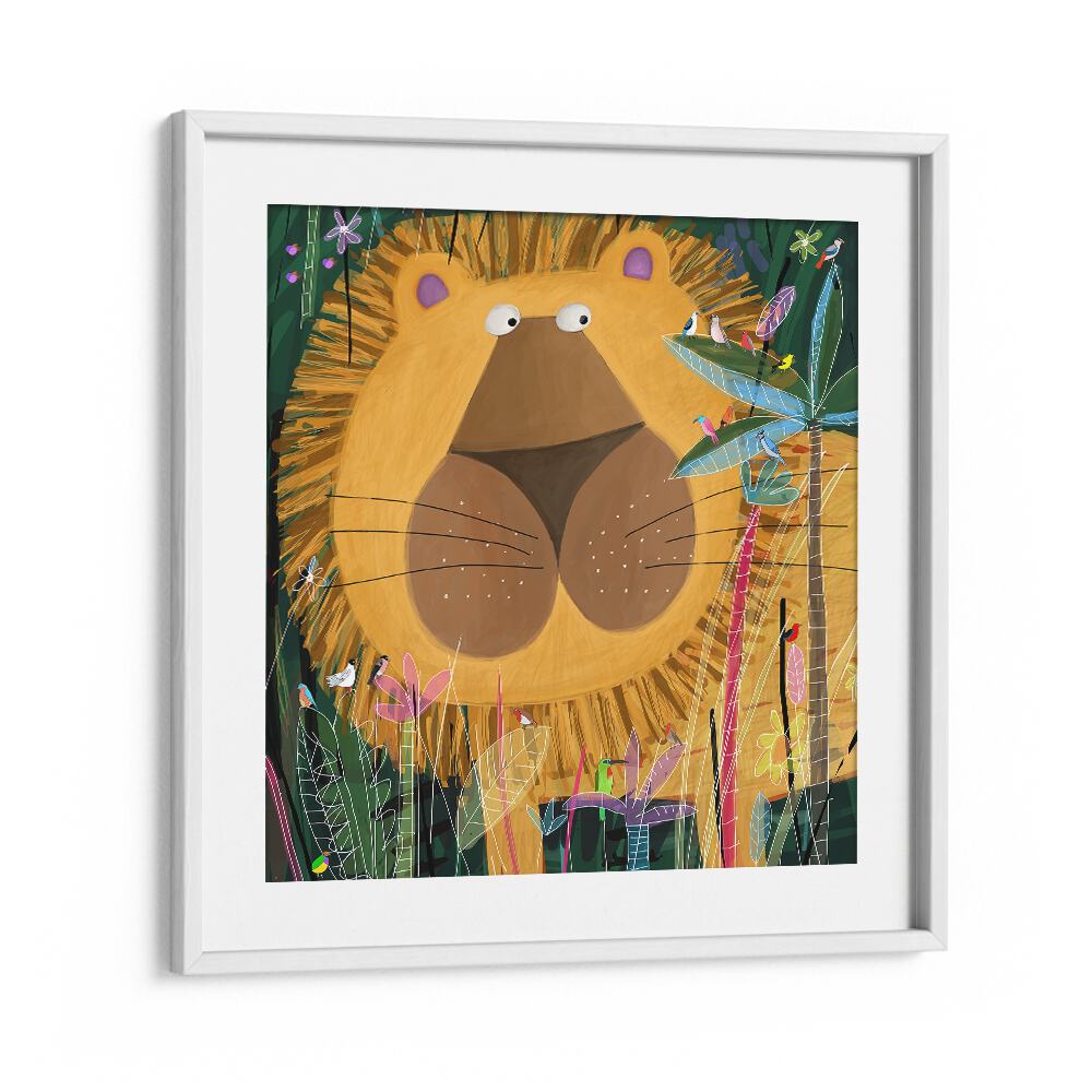 Large Lion Peeks Out Of The Jungle Foliage By Carla Daly Kids Room Art in White Frame With Mount