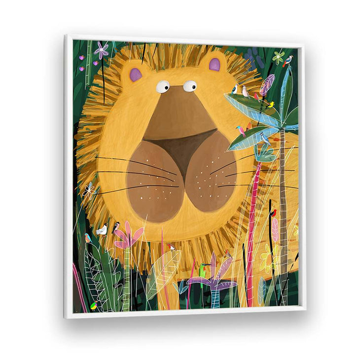 Large Lion Peeks Out Of The Jungle Foliage By Carla Daly Kids Room Art in White Plain Frame