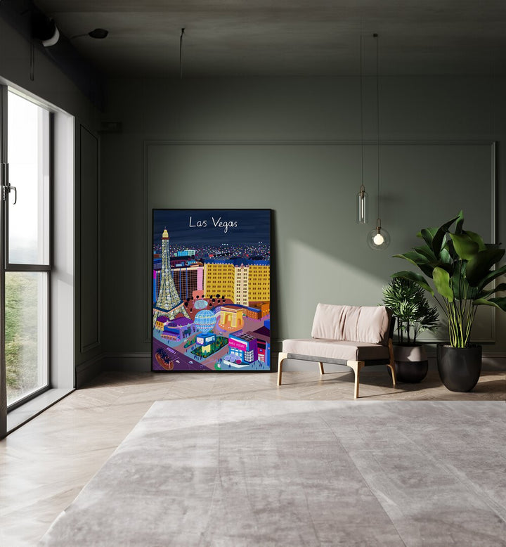 Las Vegas Night View by Carla Daly Travel Posters in Black Plain Frame placed on the floor between a sofa and a window