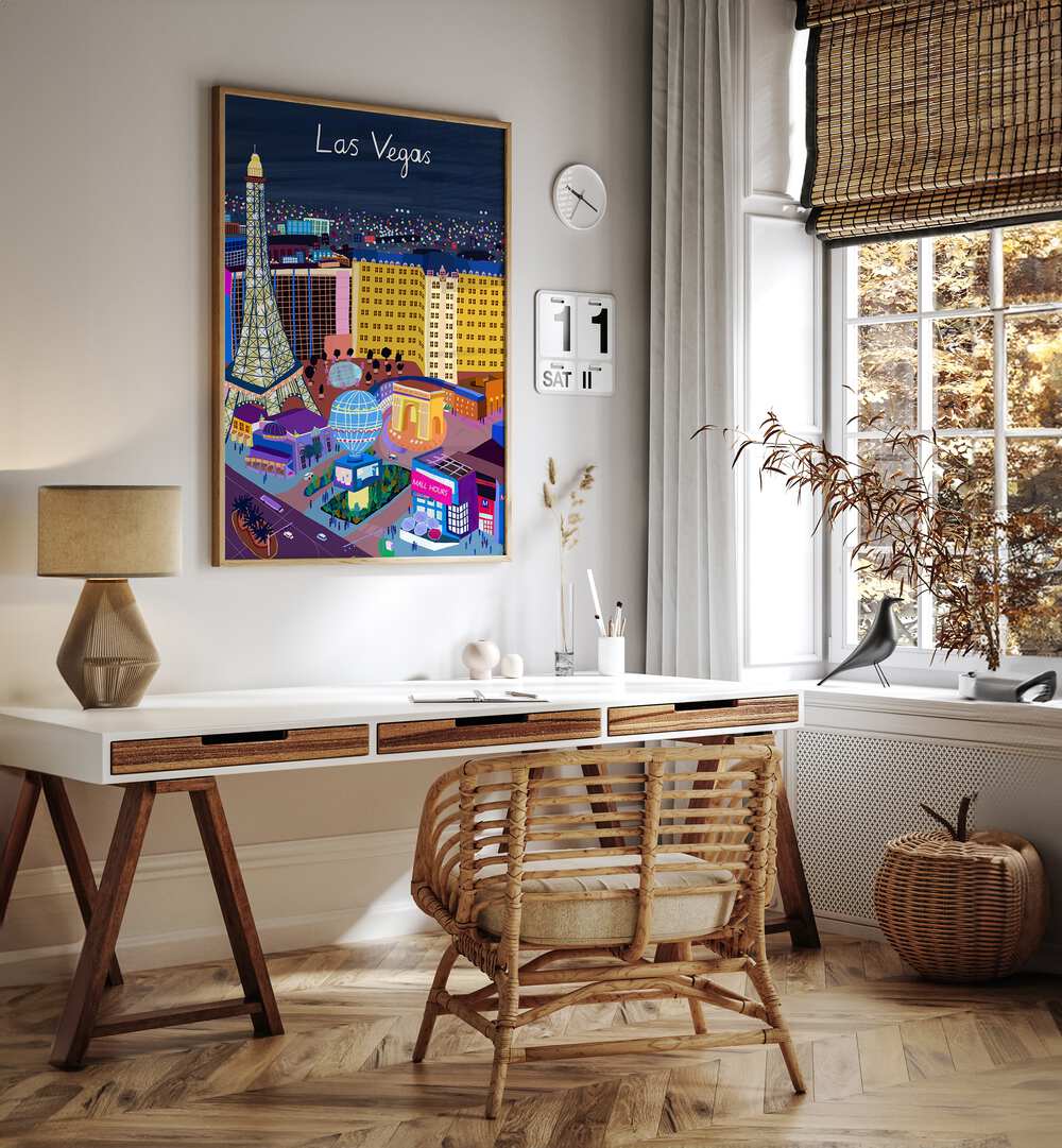 Las Vegas Night View by Carla Daly Travel Posters in Oak Wood Plain Frame placed on the wall behind a study table and beside a window