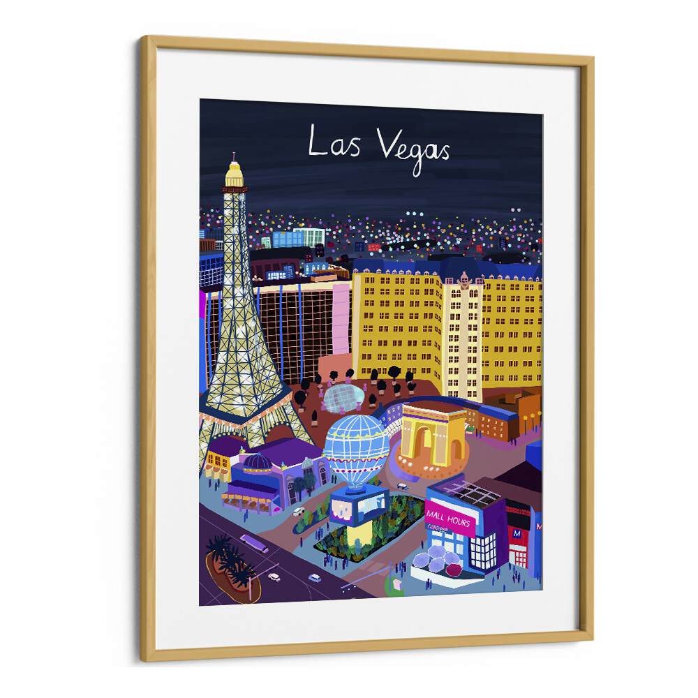 Las Vegas Night View by Carla Daly Travel Posters in Oak Wood Frame With Mount