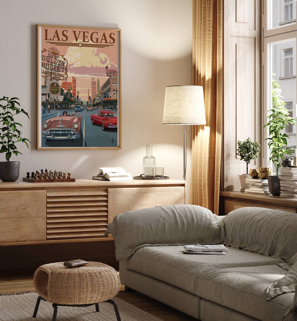 Las Vegas Retro Vintage Travel Vintage Travel Posters in Oak Wood Plain Frame on a wall above a console table beside a lamp