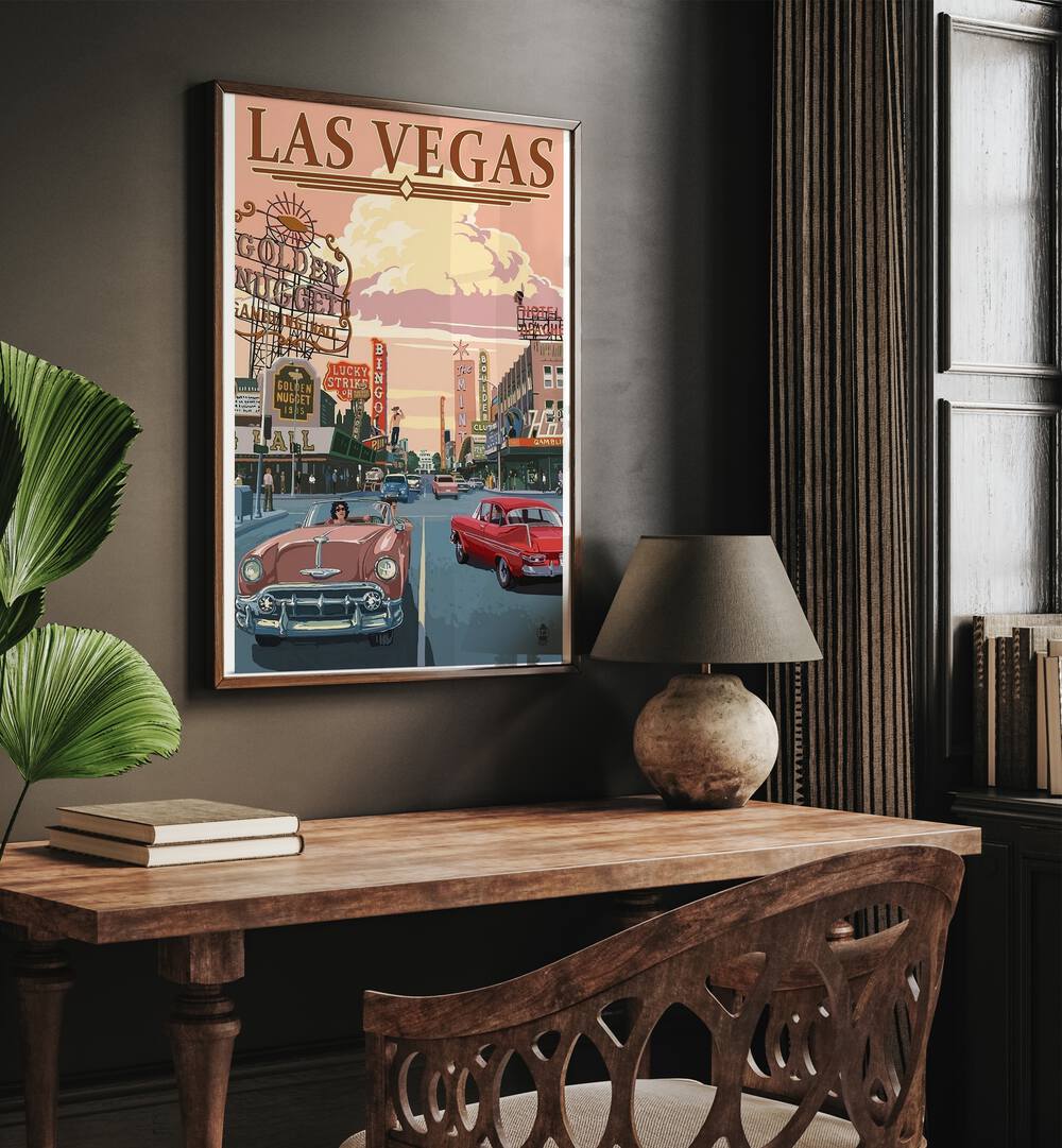 Las Vegas Retro Vintage Travel Vintage Travel Posters in Dark  Wood Plain Frame on a wall above a study table beside a plant