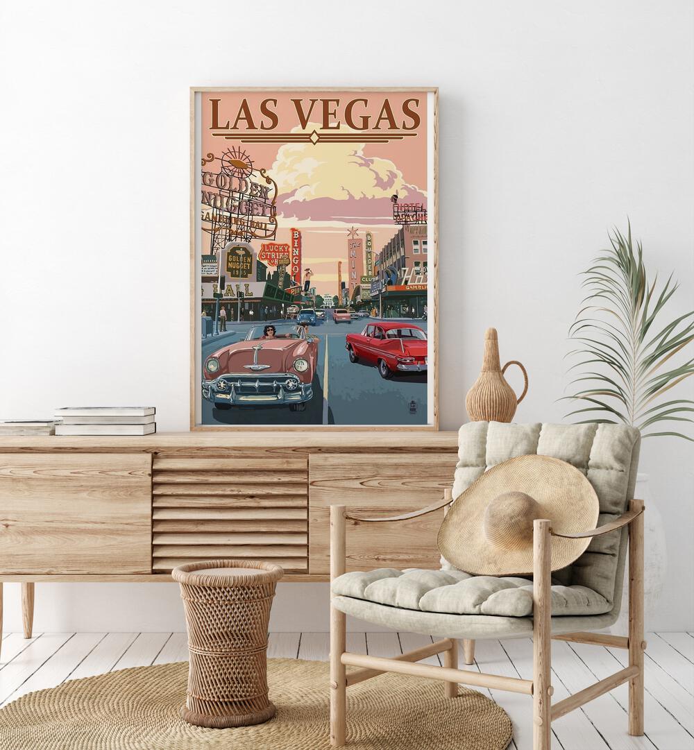 Las Vegas Retro Vintage Travel Vintage Travel Posters in Oak Wood Plain Frame on  a console table beside a plant