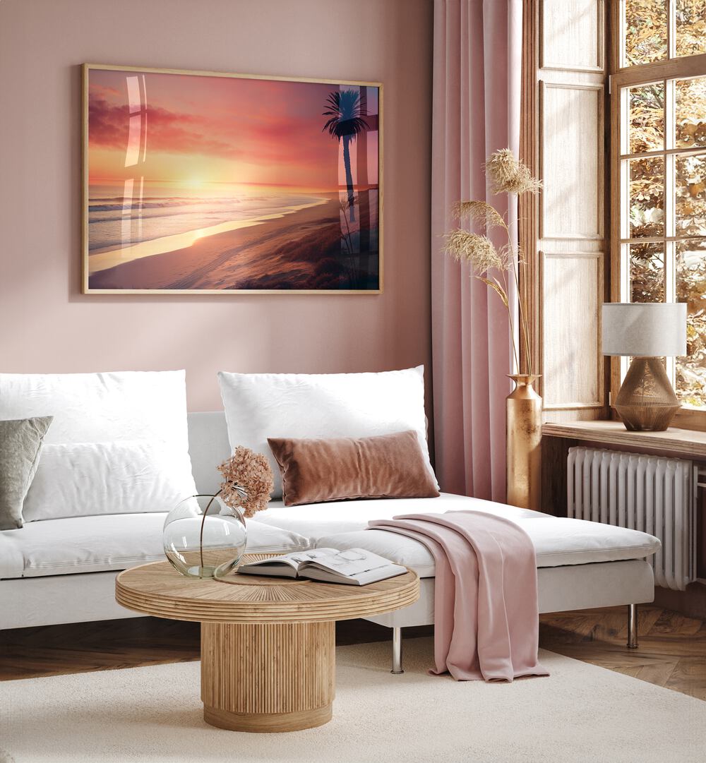 Warm hues of sunset reflect on the beach in the LATE SUMMER DAY, BEACH PAINTINGS collection, perfect for any space.
