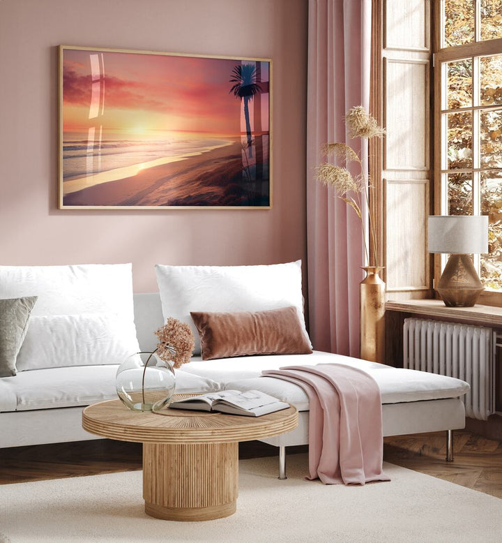 Warm hues of sunset reflect on the beach in the LATE SUMMER DAY, BEACH PAINTINGS collection, perfect for any space.