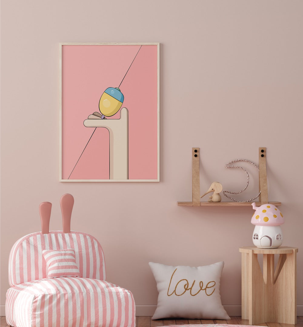 Lattu-Top Spinner By Samridhi Sharma Gaming Posters in Oak Wood Plain Frame placed on a Pink Colored Wall in the Kids Room