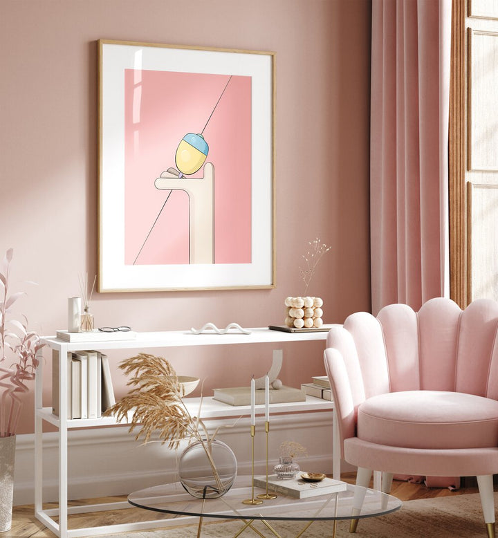 Lattu-Top Spinner By Samridhi Sharma Gaming Posters in Oak Wood Frame With Mount placed on a Pink Colored Wall in the Living Room