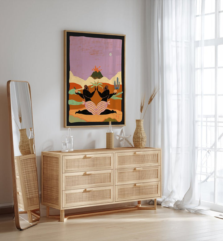 Lava By Arty Guava Wall Art Prints in Oak Wood Plain Frame placed on a White Colored Wall above a Console Table in the Drawing Room 