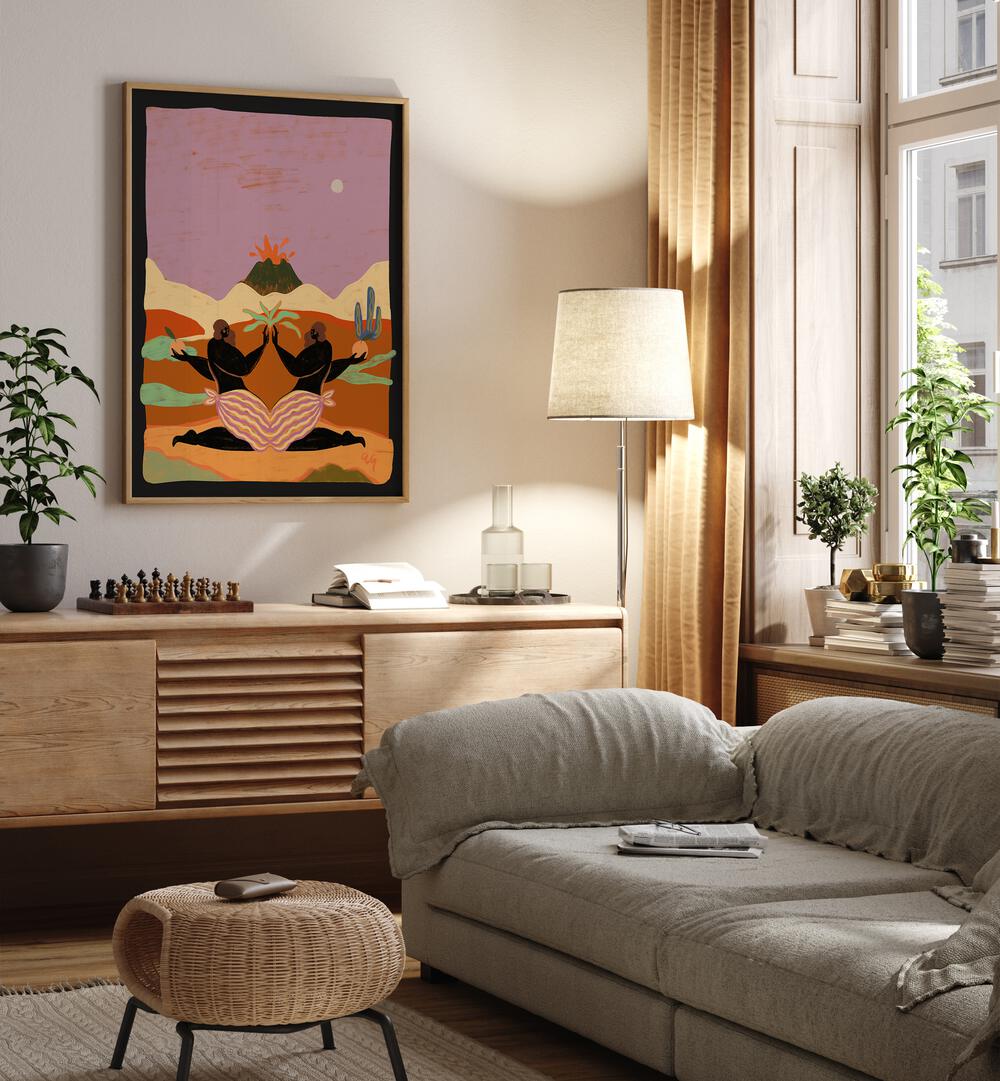 Lava By Arty Guava Wall Art Prints in Oak Wood Plain Frame placed on a Cream Colored Wall above a Console Table near a Grey Sofa in the Living Room