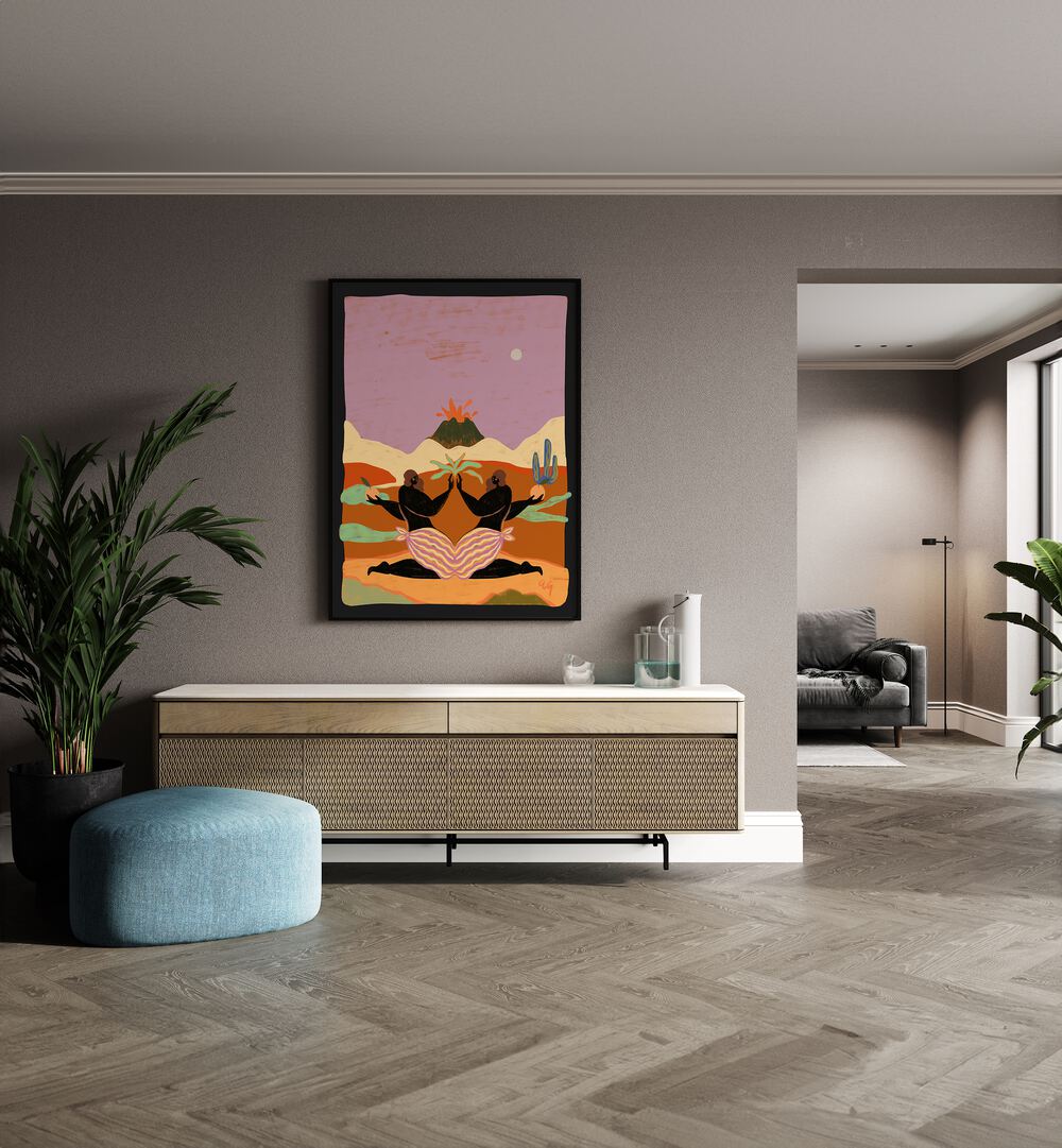 Lava By Arty Guava Wall Art Prints in Black Plain Frame placed on a Beige Colored Wall above a Console Table in the Drawing Room