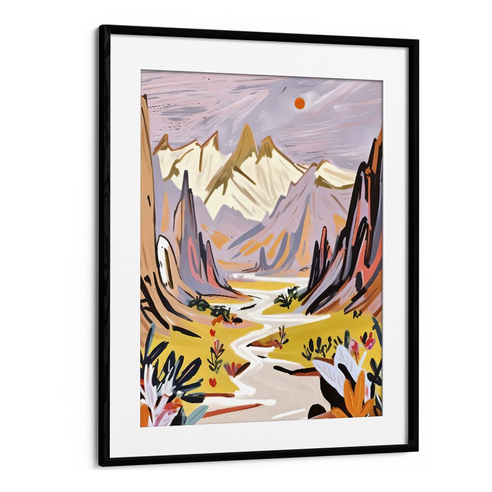 Lavender Mountains By Uma Gokhale Landscape Art Print in Black Frame With Mount