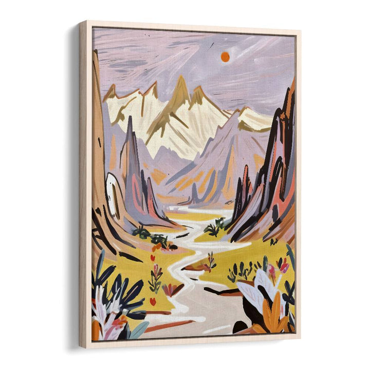 Lavender Mountains By Uma Gokhale Landscape Art Print in Oak Wood Floater Frame