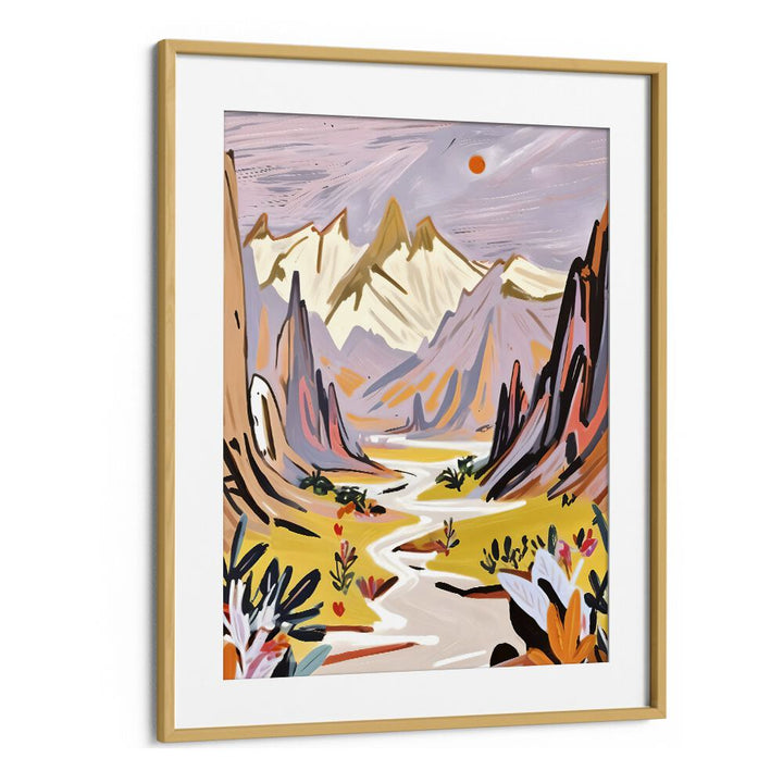 Lavender Mountains By Uma Gokhale Landscape Art Print in Oak Wood Frame With Mount