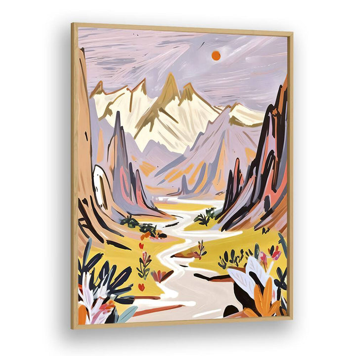 Lavender Mountains By Uma Gokhale Landscape Art Print in Oak Wood Plain Frame