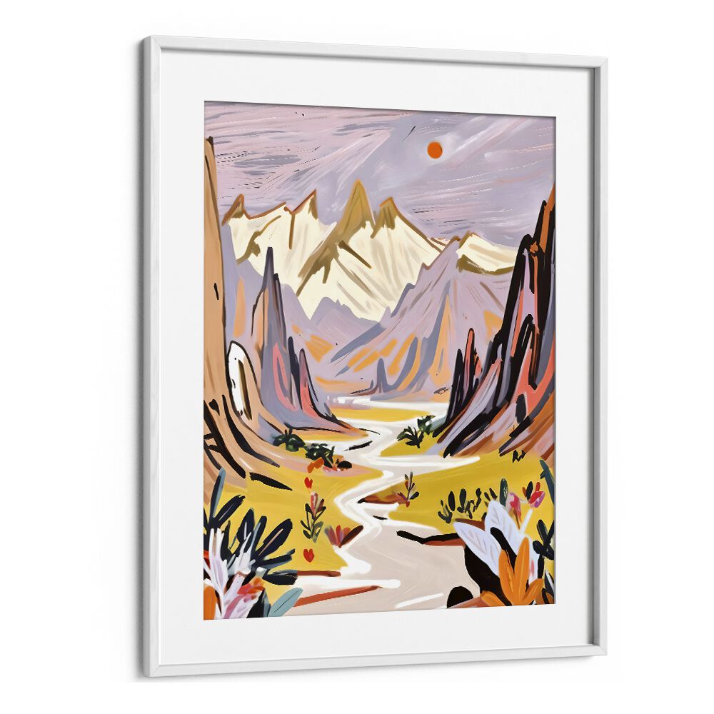 Lavender Mountains By Uma Gokhale Landscape Art Print in White Frame With Mount