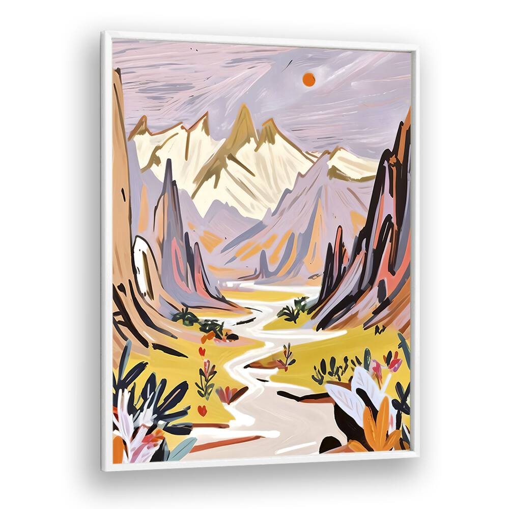 Lavender Mountains By Uma Gokhale Landscape Art Print in White Plain Frame