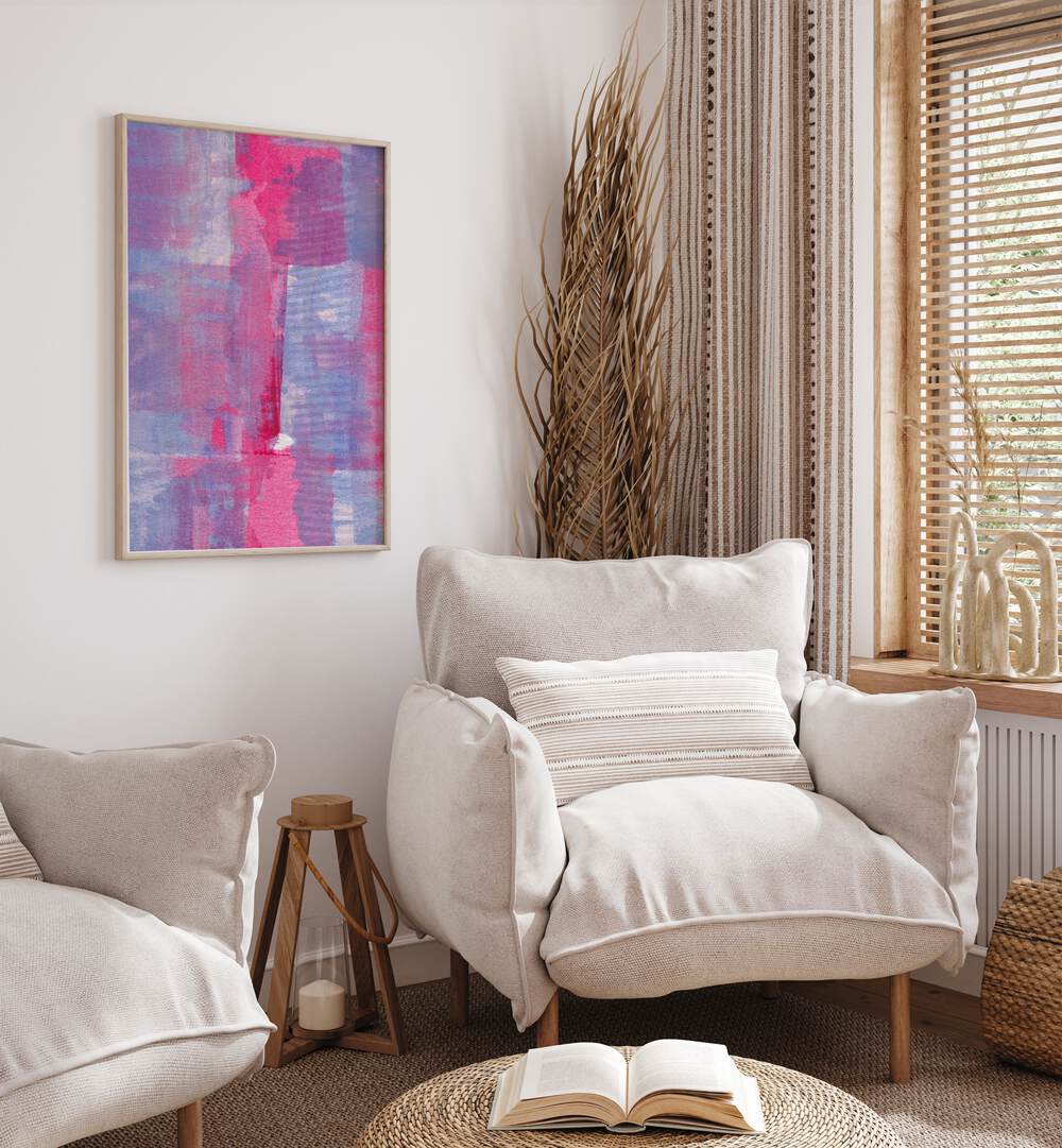 Layered Textures by Uplus Me Studio Abstract Art Abstract Paintings in Oak Wood Plain Frame placed on a wall in between two sofas beside a window