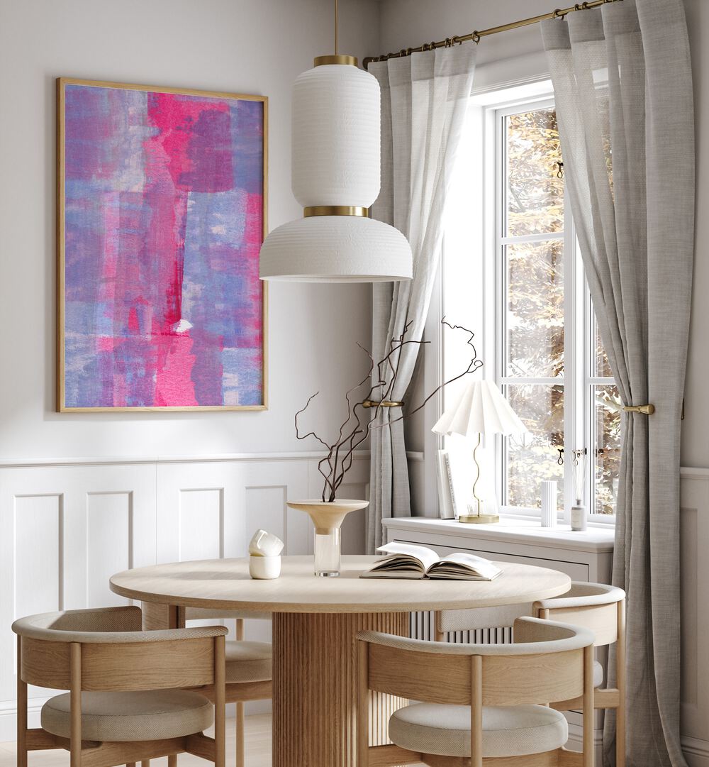 Layered Textures by Uplus Me Studio Abstract Art Abstract Paintings in Oak Wood Plain Frame placed on a wall beside a window and behind a dining table