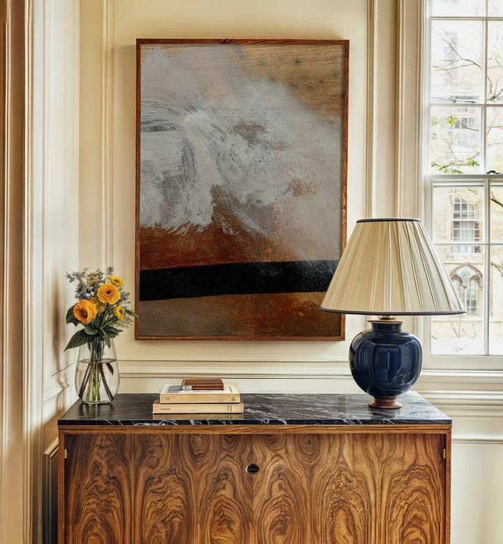 Layers By Dan Hobday Abstract Art Abstract Paintings in Dark Wood Plain Frame placed on a Cream Colored Wall above a Console Table