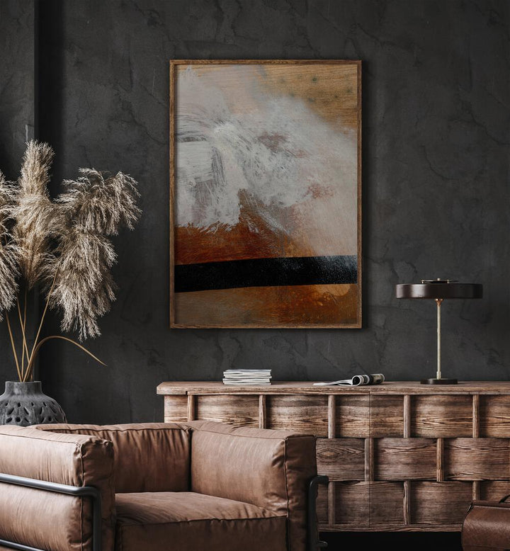 Layers By Dan Hobday Abstract Art Abstract Paintings in Oak Wood Plain Frame placed on a Dark Grey Colored Wall above a Console Table in the Living Room