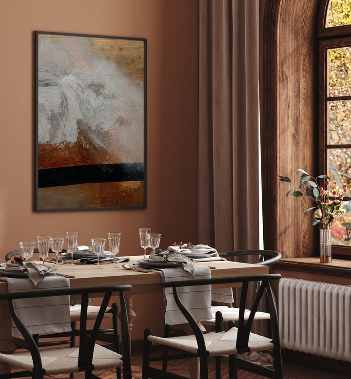 Layers By Dan Hobday Abstract Art Abstract Paintings in Black Plain Frame placed on a Brown Colored Wall near a Dining Table in the Dining Room