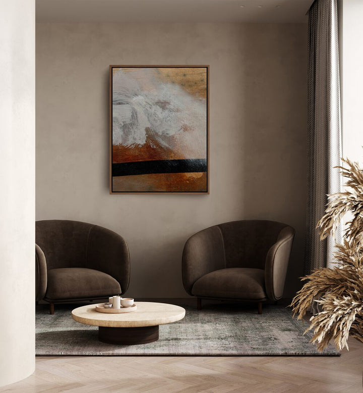 Layers By Dan Hobday Abstract Art Abstract Paintings in Oak Wood Floater Frame placed on a Beige Colored Wall in the Living Room