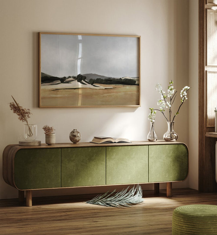 Lazy Afternoon By Dan Hobday Landscape Art Prints Landscape Paintings in Oak Wood Plain Frame placed on a Cream Colored Wall above a Console Table in the Drawing Room