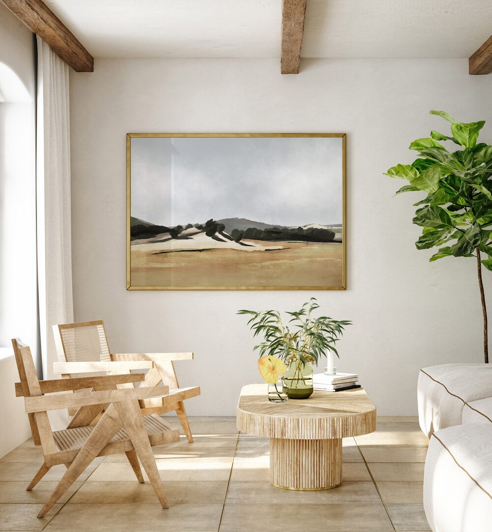 Lazy Afternoon By Dan Hobday Landscape Art Prints Landscape Paintings in Oak Wood Plain Frame placed on a Cream Colored Wall in the Drawing Room