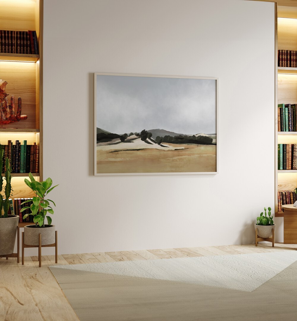 Lazy Afternoon By Dan Hobday Landscape Art Prints Landscape Paintings in Oak Wood Plain Frame placed on a Cream Colored Wall in the Drawing Room