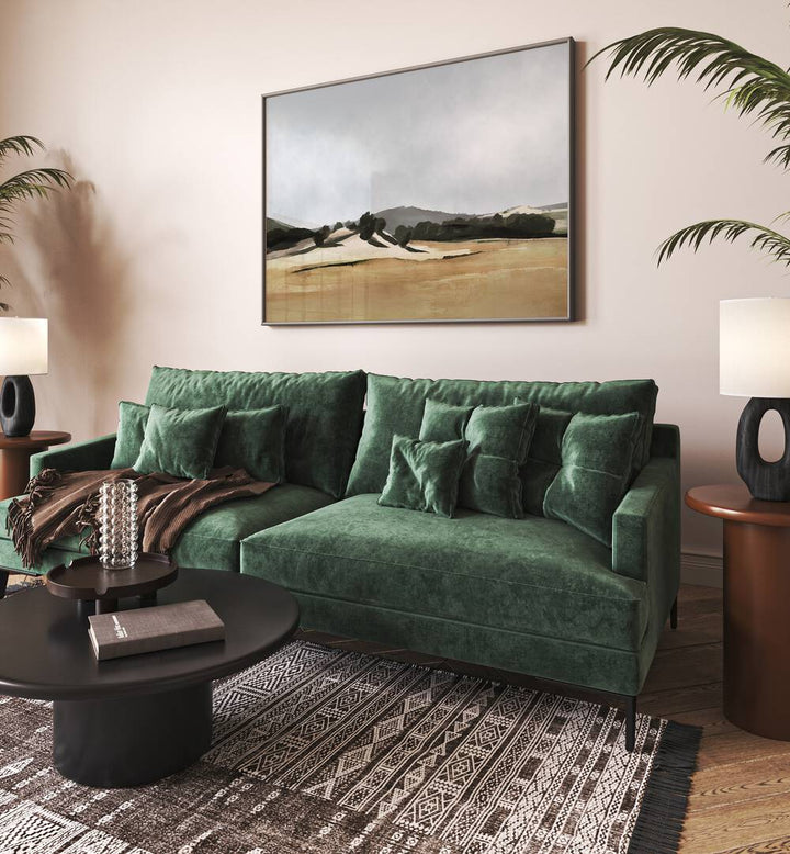 Lazy Afternoon By Dan Hobday Landscape Art Prints Landscape Paintings in Black Plain Frame placed on a Cream Colored Wall near a Green Sofa in the Living Room