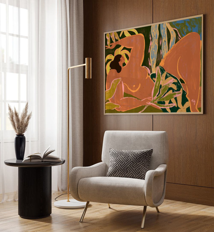 Lazy By Arty Guava Wall Art Prints in Oak Wood Plain Frame Placed on a Wooden Textured wall in the Drawing Room