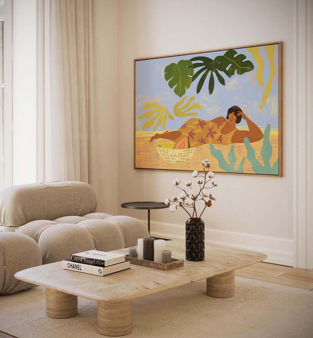 Lazy Day By Arty Guava Wall Art Prints in Oak Wood Floater Frame placed on a Cream Colored Wall near a Beige Sofa in the Living Room