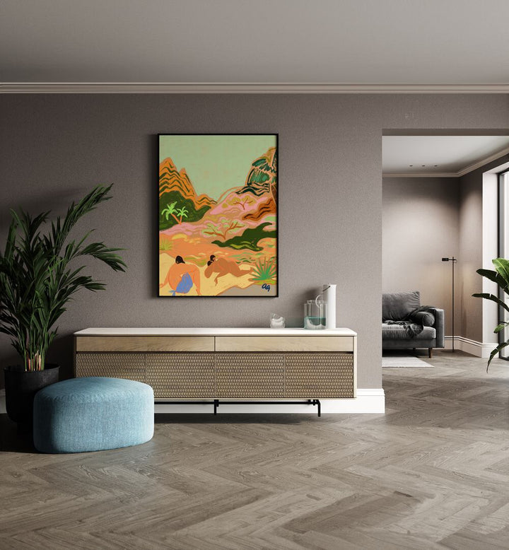 Lazy Day Sinnature By Arty Guava Wall Art Prints in Black Plain Frame placed on a Beige Colored Wall above a Console Table in the Drawing Room