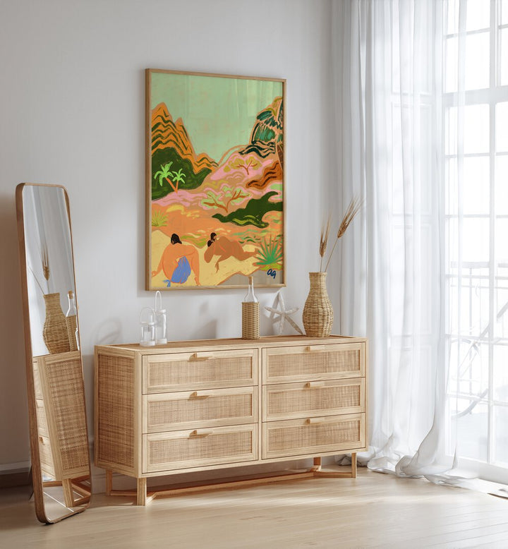 Lazy Day Sinnature By Arty Guava Wall Art Prints in Oak Wood Plain Frame placed on a White Colored Wall above a Console Table in the Drawing Room 