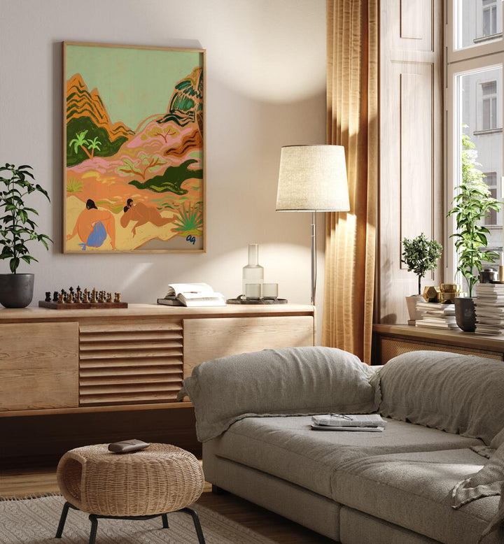 Lazy Day Sinnature By Arty Guava Wall Art Prints in Oak Wood Plain Frame placed on a Cream Colored Wall above a Console Table near a Grey Sofa in the Living Room