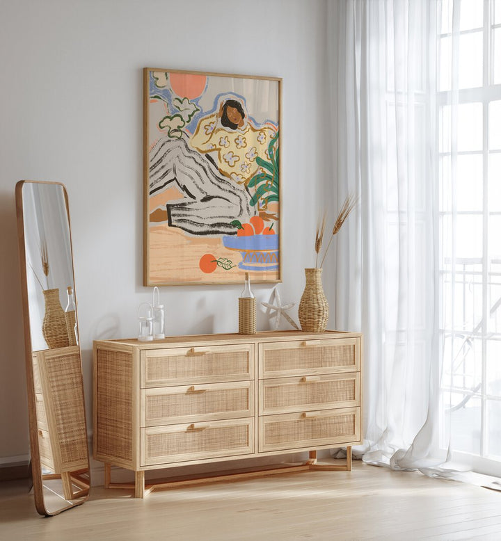 Lazy Days By Arty Guava Wall Art Prints in Oak Wood Plain Frame placed on a White Colored Wall above a Console Table in the Drawing Room 