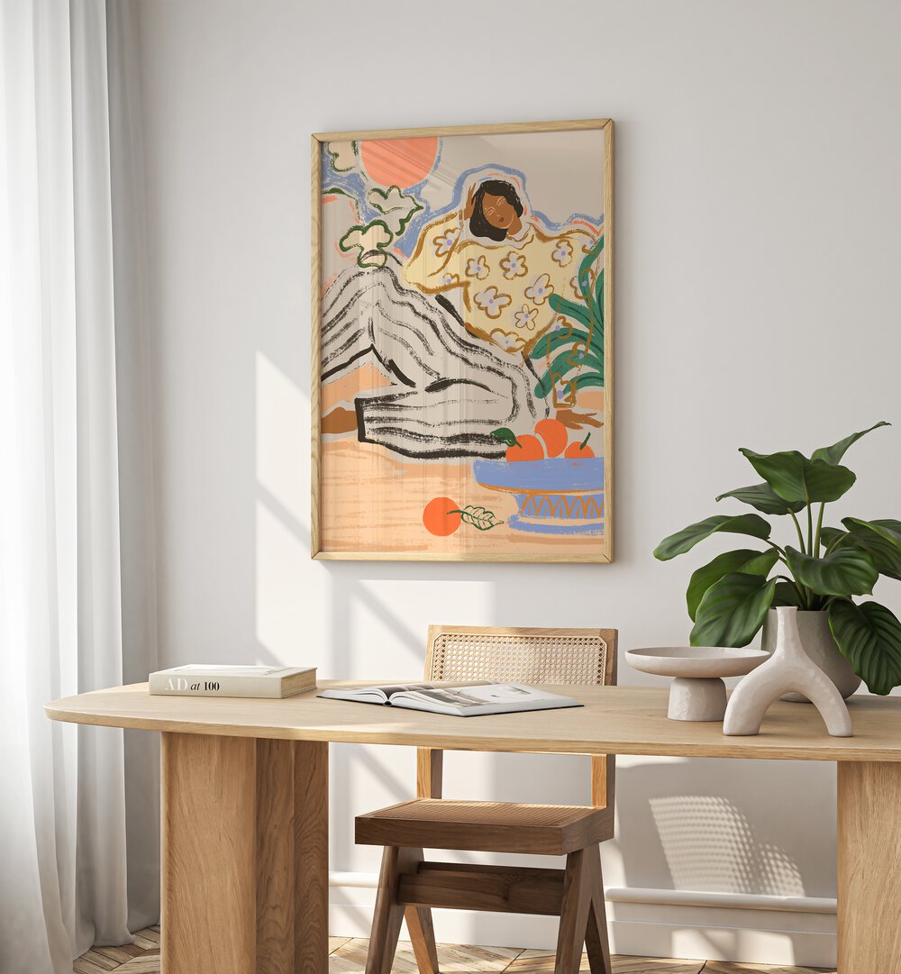 Lazy Days By Arty Guava Wall Art Prints in Oak Wood Plain Frame placed on a White Colored Wall near a Workspace in the Drawing Room