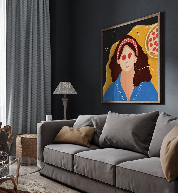 Lazy Girl by Shriya Bhattacharya Women Art Prints in Oak Wood Plain Frame behind a sofa for living room