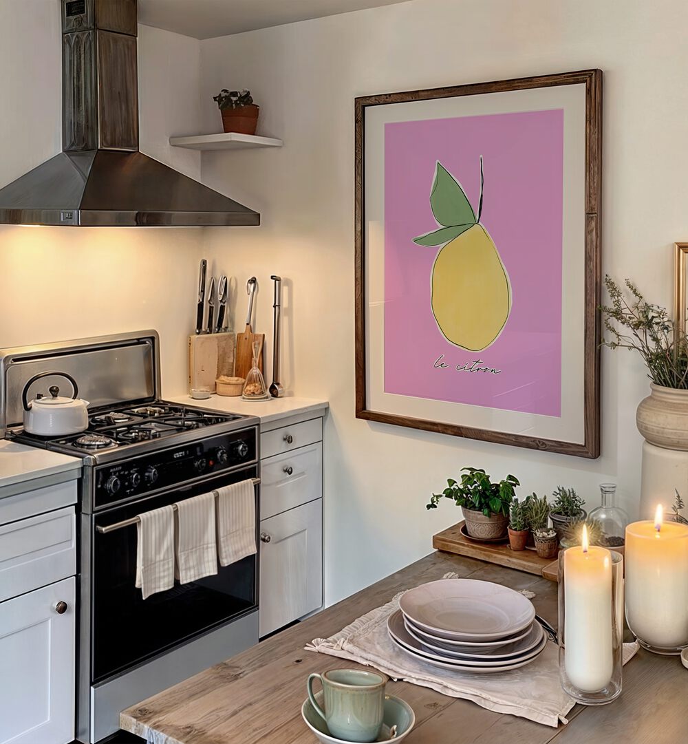 Le Citron by Uplus Me Studio Kitchen Art Prints Kitchen Posters in Oak Wood Frame With Mount placed on a wall in kitchen area beside a dining table and stove