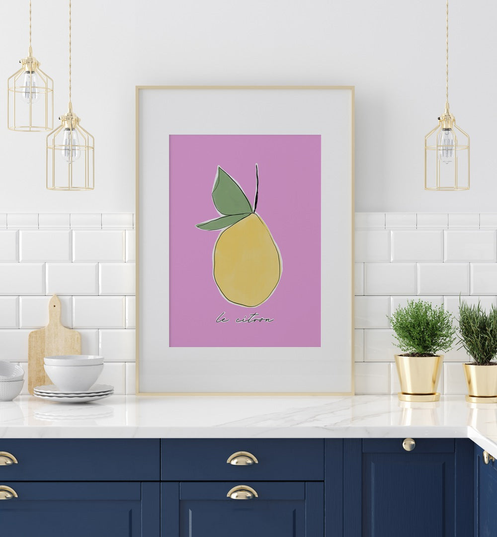 Le Citron by Uplus Me Studio Kitchen Art Prints Kitchen Posters in Oak Wood Frame With Mount placed on a kitchen counter for kitchen area