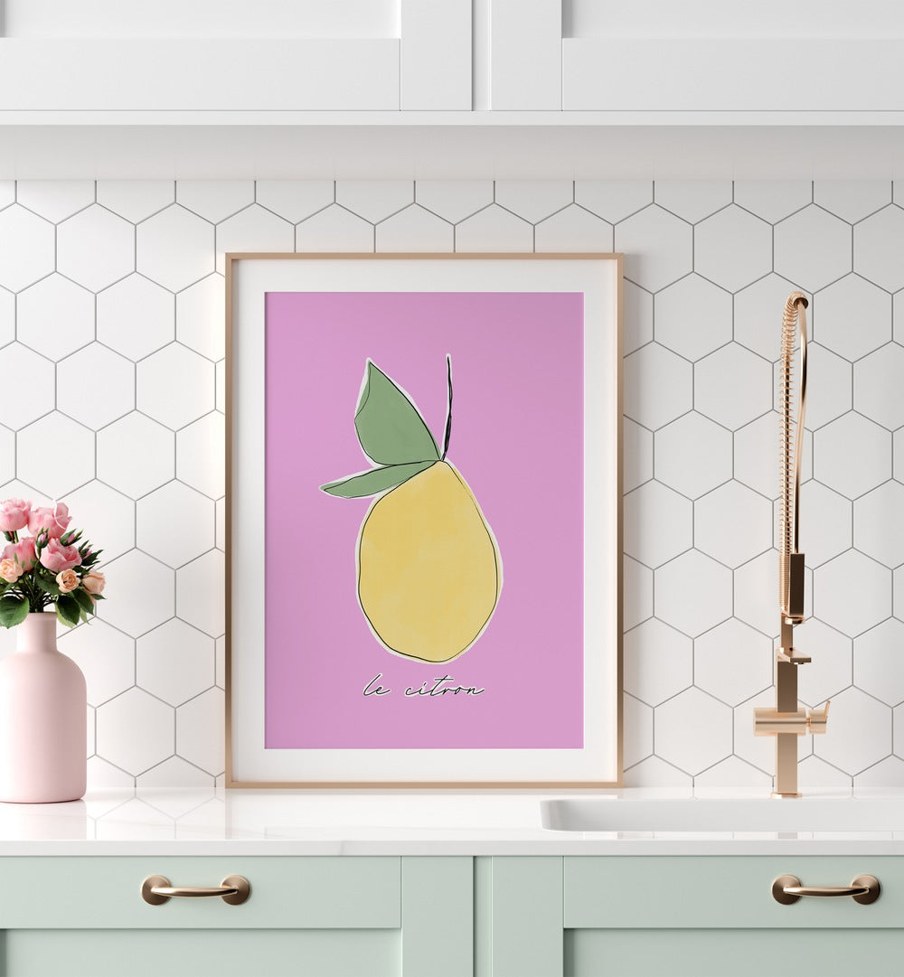 Le Citron by Uplus Me Studio Kitchen Art Prints Kitchen Posters in Oak Wood Frame With Mount placed on a kitchen counter for kitchen area