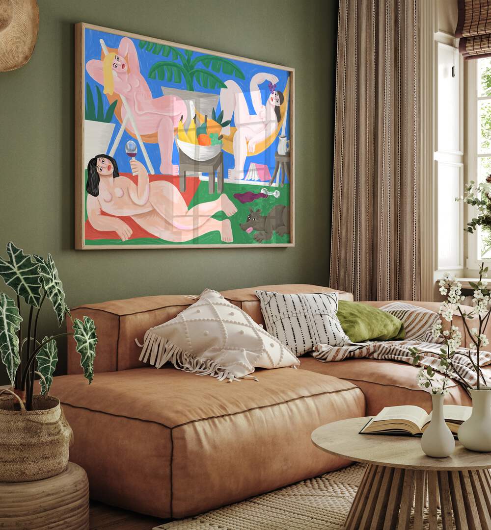 Le Pique Nique By Cepe Wallart Prints in Oak Wood Plain Frame on a green wall placed behind a sofa for living room