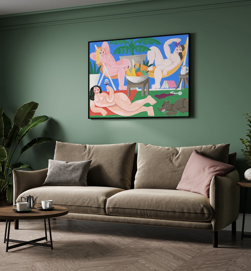 Le Pique Nique By Cepe Wallart Prints in Black Plain Frame on a green wall placed behind a sofa in living room