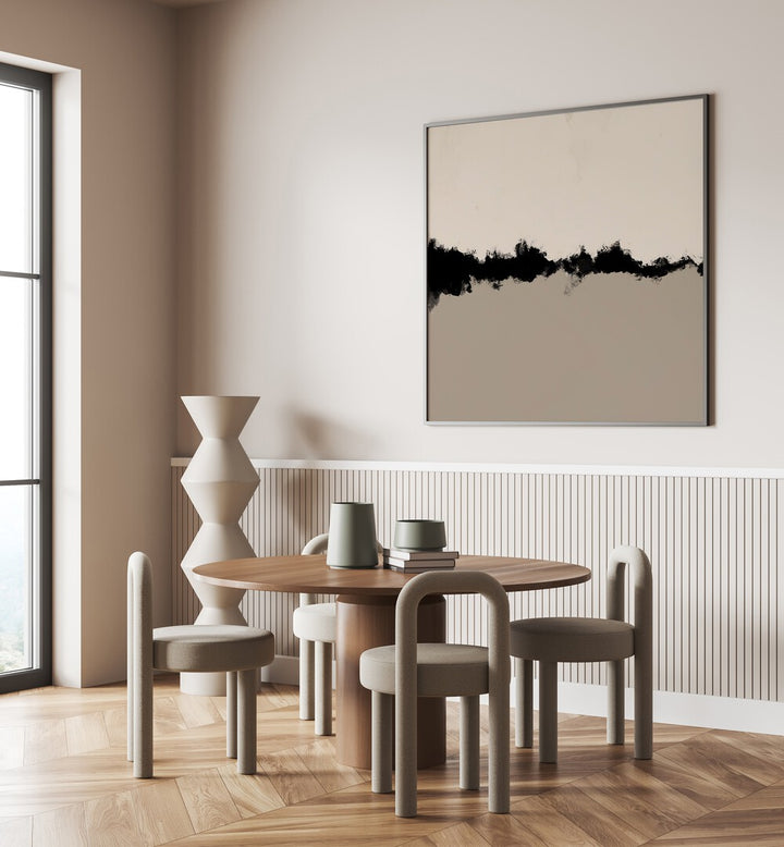 Leaena by Yopie Studio Abstract Paintings Abstract Art Prints in Black Plain Frame placed on a wall in a dining room area behind a  dining table