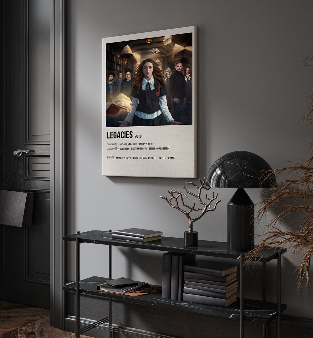 Legacies 2018 Movie Posters in Gallery Wrap hanging on wall above console table beside door and window