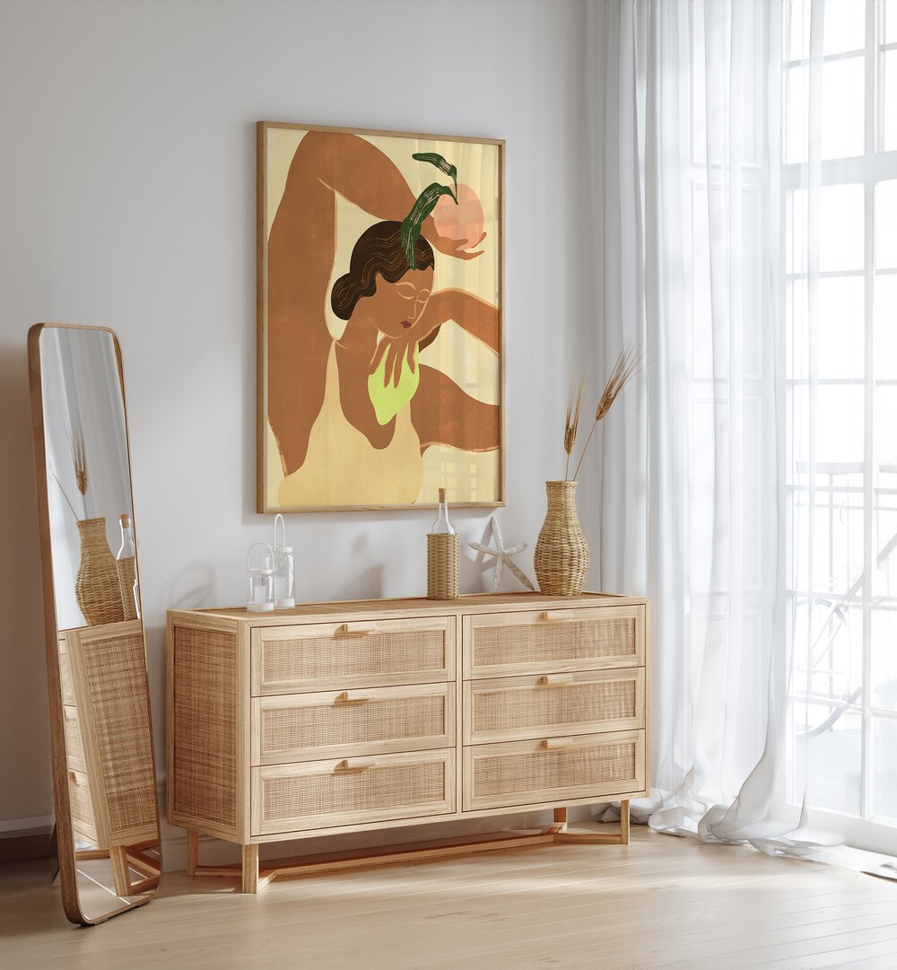 Lemon Apple By Arty Guava Wall Art Prints in Oak Wood Plain Frame placed on a White Colored Wall above a Console Table in the Drawing Room 